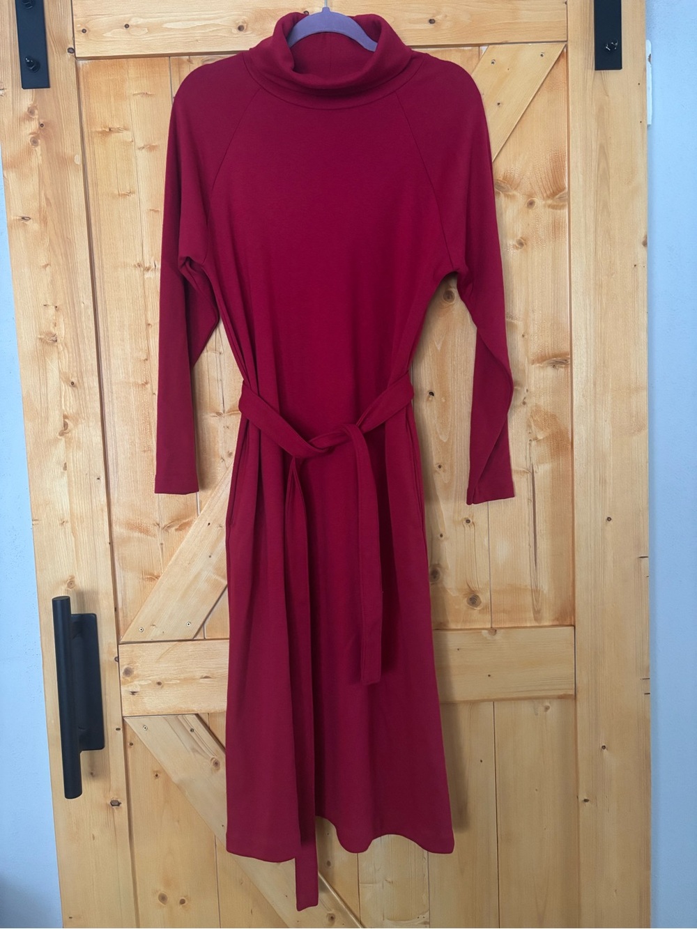 Vintage L.L. Bean Red Cotton Turtleneck Sweater Dress with Belt & Pockets - M